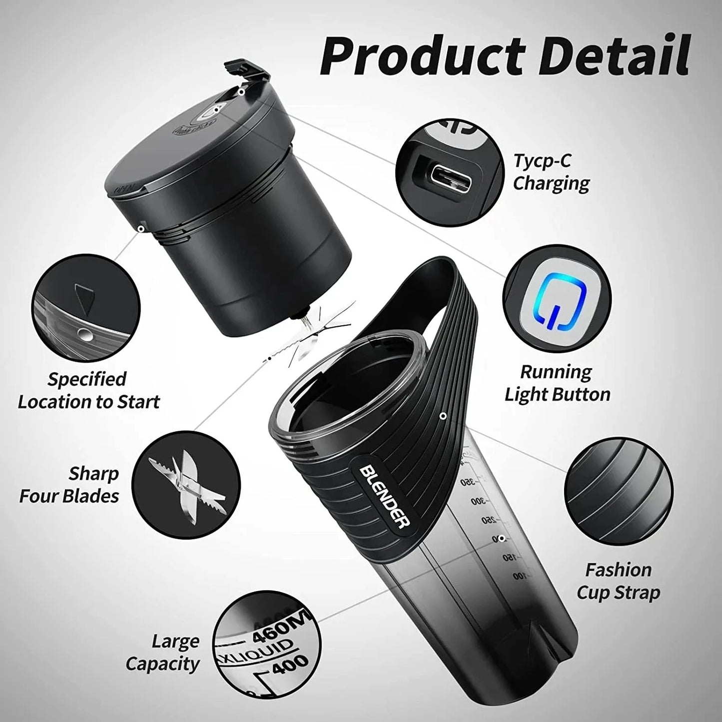 New Portable Blender Juicer Type-C Charging Personal Smoothie Blender Fresh Juice Mixer Machine Sport Travel Home Shakes Stirr