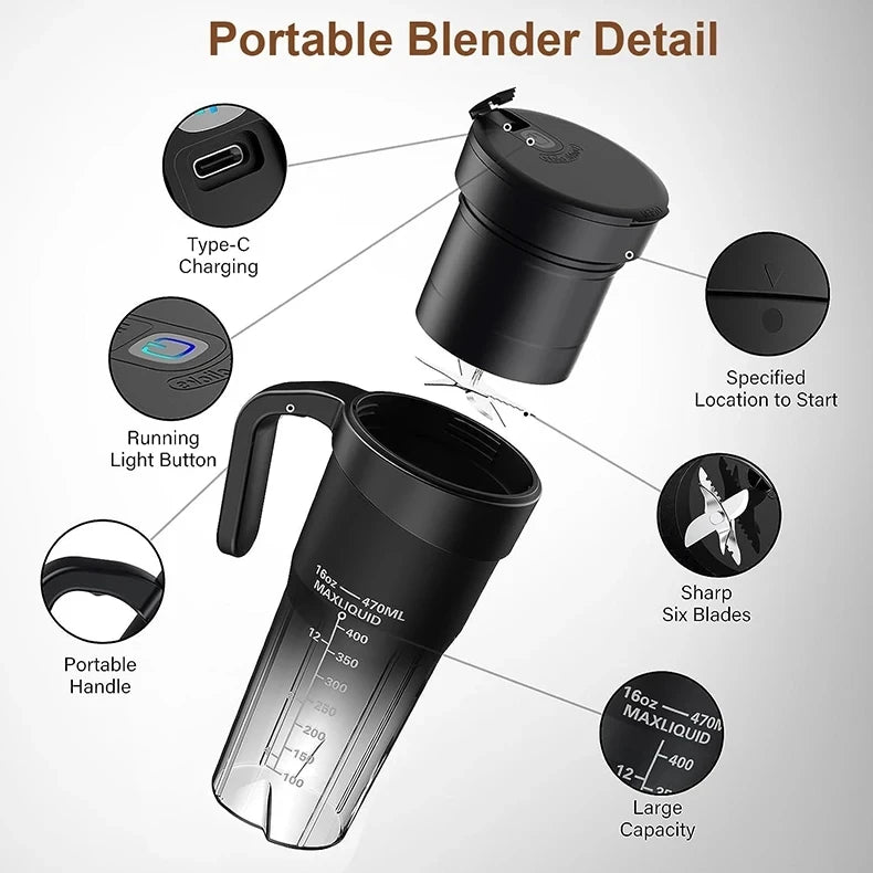 Presse-fruits Portable, 6 lames tranchantes, Rechargeable, personnel, multifonctionnel, Mini mélangeur portatif, tasse pour Shakes et Smoothies