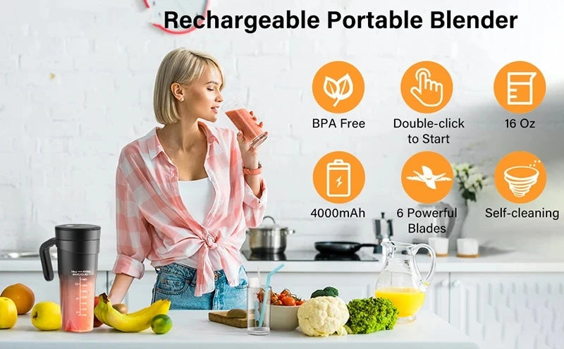 Presse-fruits Portable, 6 lames tranchantes, Rechargeable, personnel, multifonctionnel, Mini mélangeur portatif, tasse pour Shakes et Smoothies