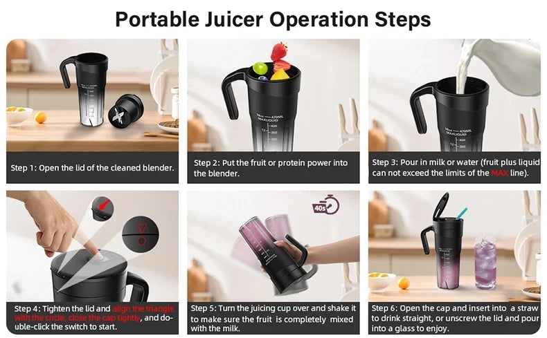 Presse-fruits Portable, 6 lames tranchantes, Rechargeable, personnel, multifonctionnel, Mini mélangeur portatif, tasse pour Shakes et Smoothies